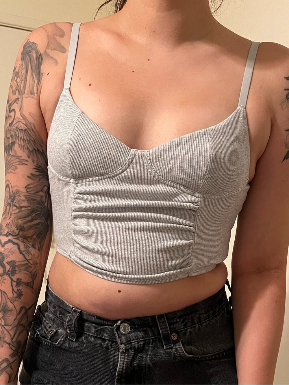 Ribbed Gray Crop Bustier Tank Top with Ruched Front